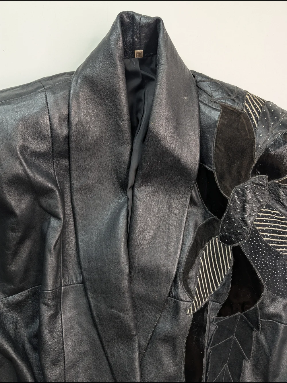 Vintage Black Women's Leather Button-Front Jacket with Embellished Shoulder - Picture 5 of 8